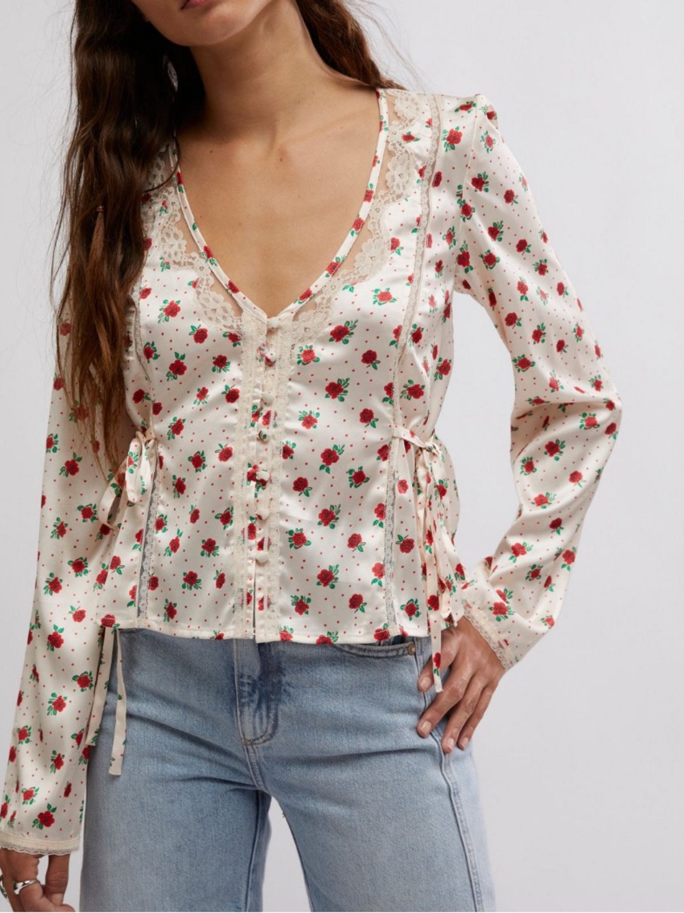 FREE PEOPLE FIELD OF ROSES SATIN TOP XL